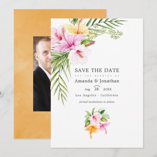 Save The Date Photo de mariage tropical floral de plage (Devant / Derrière)