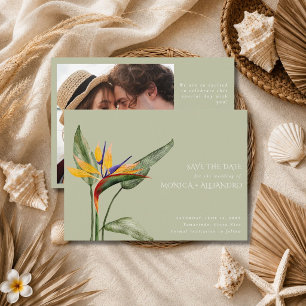 Save The Date Photo de mariage tropical sur la plage avec oiseau