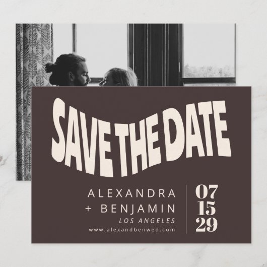 Save The Date Photo de mariage unique marron Groovy Rétro (Devant / Derrière)
