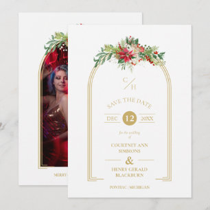 Save The Date Photo de Noël floral à initiales arquées de luxe