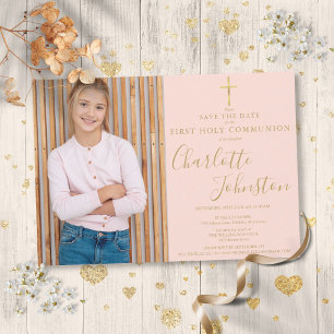 Save The Date Photo de première communion en écriture dorée rose