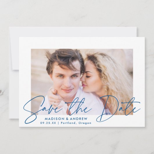 Save The Date Photo de script bleu manuscrit moderne (Devant)