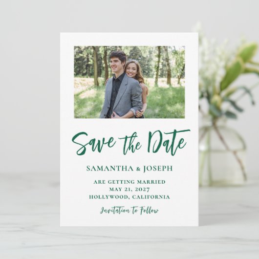 Save The Date Photo de script manuscrit en vert chasseur (Debout devant)