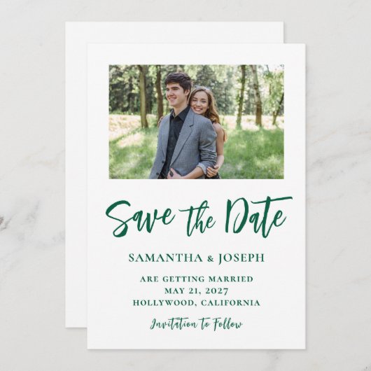 Save The Date Photo de script manuscrit en vert chasseur (Devant / Derrière)