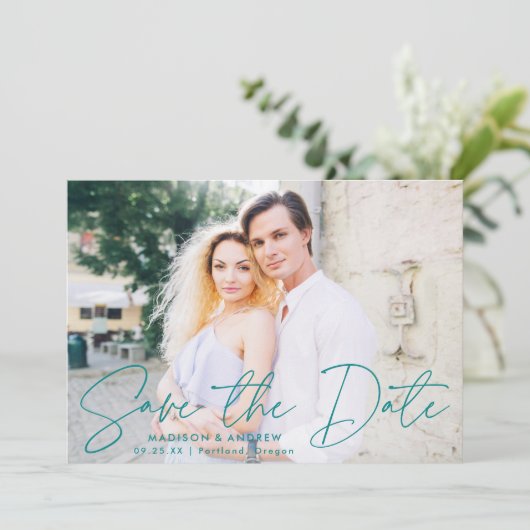 Save The Date Photo de script Turquoise manuscrit moderne (Debout devant)