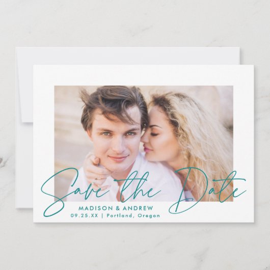 Save The Date Photo de script Turquoise manuscrit moderne (Devant)