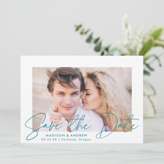 Save The Date Photo de script Turquoise manuscrit moderne (Debout devant)