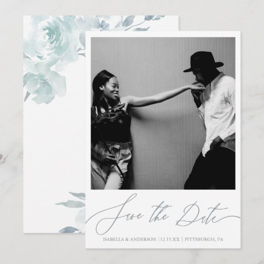 Save The Date Photo délicieuse de calligraphie florale bleue (Devant / Derrière)
