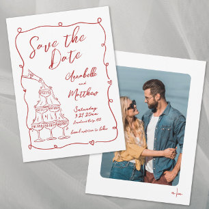 Save The Date Photo Dessiné à la Main Mariage Rouge Fantaisiste