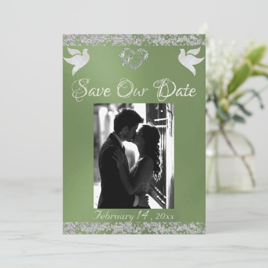 Save The Date Photo, Doves, Coeur d'argent & Parties scintillant (Debout devant)