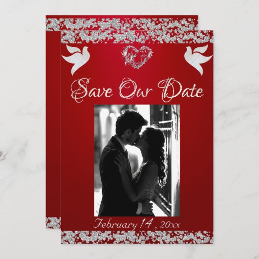 Save The Date Photo, Doves, Coeur et Parties scintillant Argent (Devant / Derrière)