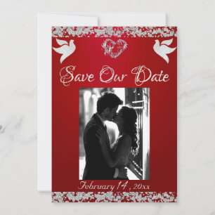 Save The Date Photo, Doves, Coeur et Parties scintillant Argent 