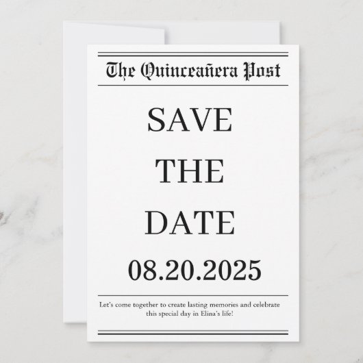 Save The Date Photo du journal unique en noir et blanc Quinceañe (Dos)
