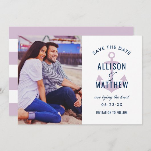 Save The Date Photo du Mariage d'Ancre violet violet de la marin (Devant / Derrière)