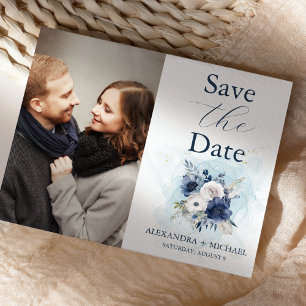 Save The Date Photo Dusty Blue et Navy Floral Elegant Wedding