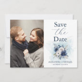 Save The Date Photo Dusty Blue et Navy Floral Elegant Wedding (Devant)