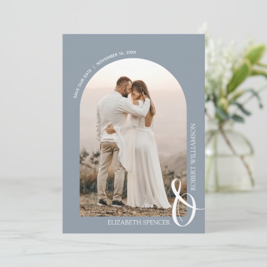 Save The Date Photo Dusty Blue QR Code Mariage (Debout devant)