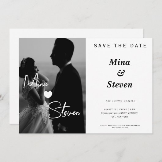 Save The Date Photo élégant en noir et blanc Mariage  (Devant / Derrière)