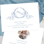 Save The Date Photo, Élégant Mariage Monogramme Bleu Enregistrer<br><div class="desc">Annoncez votre date de mariage avec ce mariage saisissant enregistrez la carte de date avec exquis monogramme botanique dessiné à la main et encadrant élégamment les initiales des couples en bleu. Elégant modèle photo circulaire sur le dos, pas besoin d'ajouter une photo circulaire, Zazzle va automatiquement adapter votre photo à...</div>
