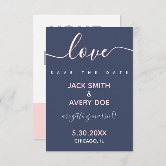 Save The Date Photo Elegant & Modern Love Script Navy & Blush (Devant / Derrière)