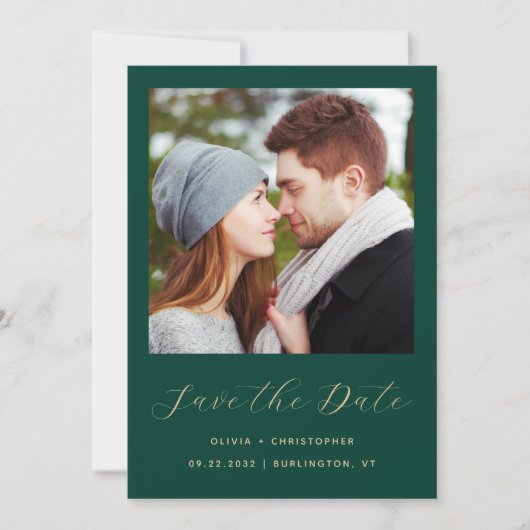 Save The Date Photo Emerald Gold Script Code QR (Devant)