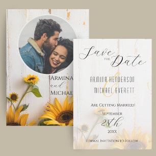 Save The Date Photo en bois de grange au tournesol rustique
