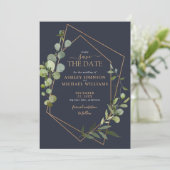 Save The Date Photo en cuivre géométrique Eucalyptus bleu (Debout devant)