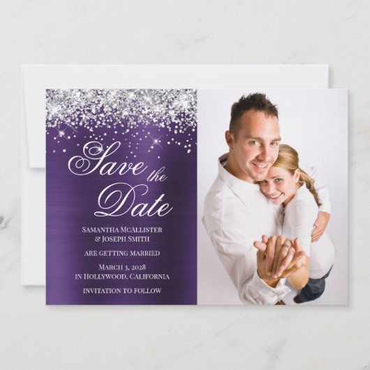 Save The Date Photo en feuille d'argent pailleté violet foncé (Devant)