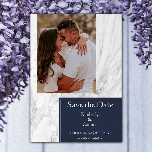 Save The Date Photo en marbre simple bleu marine