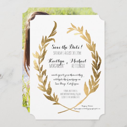 Save The Date Photo Enregistrer la courge Laurel Wreath Olive Go (Devant / Derrière)