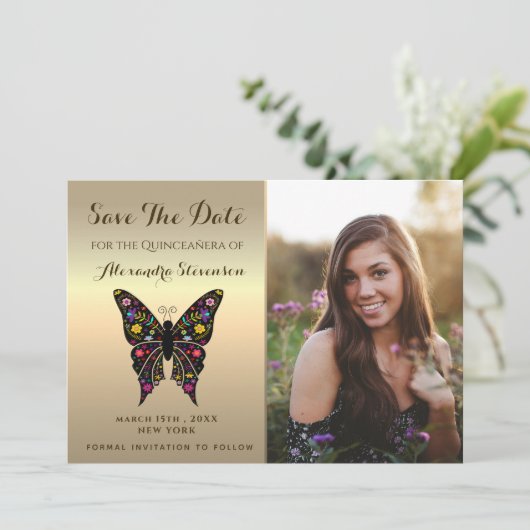 Save The Date Photo Enregistrer La Date Gold Quinceanera Papillo (Debout devant)