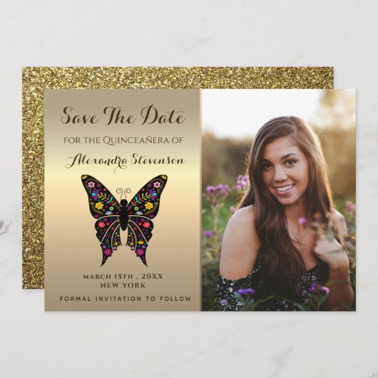Save The Date Photo Enregistrer La Date Gold Quinceanera Papillo (Devant / Derrière)