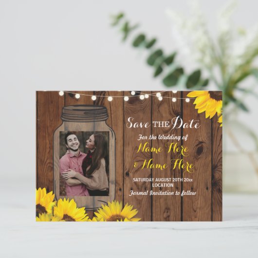 Save The Date Photo Enregistrer La Date Jar Wood Sunflowers Invi (Debout devant)