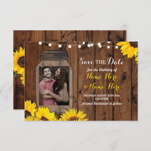 Save The Date Photo Enregistrer La Date Jar Wood Sunflowers Invi (Devant / Derrière)