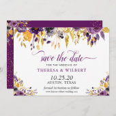 Save The Date Photo Enregistrer la date Or Purple Floral Script (Devant / Derrière)