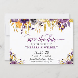 Save The Date Photo Enregistrer la date Or Purple Floral Script