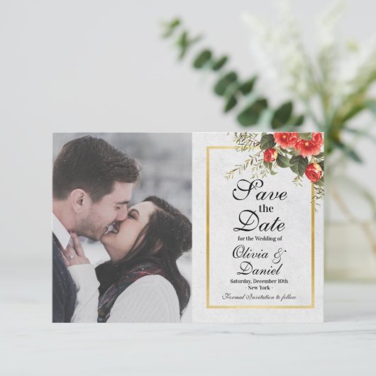 Save The Date Photo Enregistrer La Date Rouge Or Noël Mariage (Debout devant)