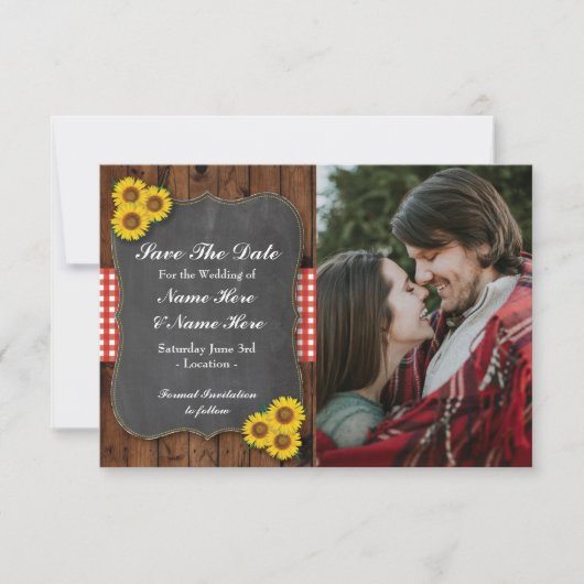 Save The Date Photo Enregistrer La Date Sunflower Red Chalk Wood (Devant)