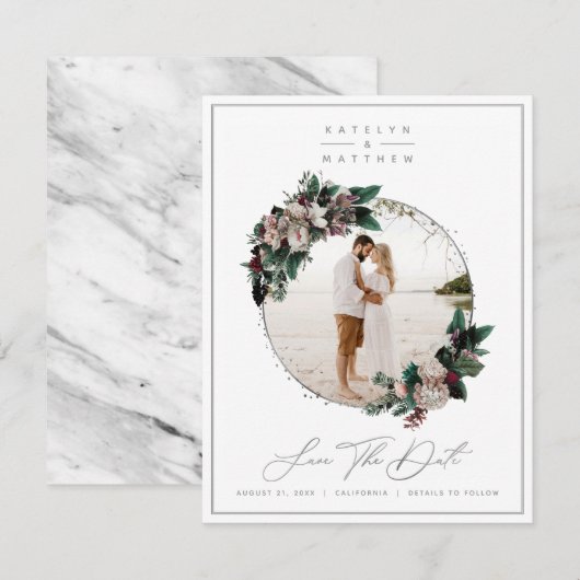 Save The Date Photo et calligraphie encadrées d'argent floral ru (Devant / Derrière)