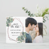 Save The Date Photo eucalyptus rose or cadre géométrique (Debout devant)