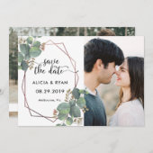 Save The Date Photo eucalyptus rose or cadre géométrique (Devant / Derrière)