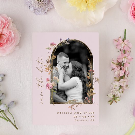 Save The Date Photo Fleur sauvage Blush et Gold Arch