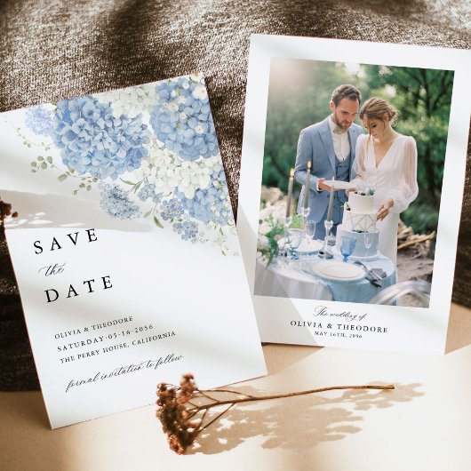 Save The Date Photo Fleurs Blanches Bleu Poussiéreux de Mariage