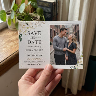 Save The Date Photo floral élégant vert végétation blanc ivoire