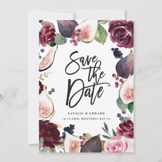 Save The Date Photo floral rose, bordeaux et figue (Devant)