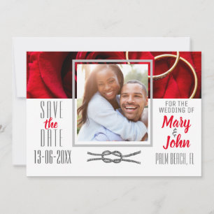 Save The Date Photo Floral Rose rouge avec Mariage anneau