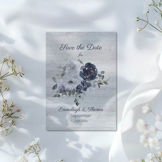 Save The Date Photo florale en argent bleu marine Enregistrer la