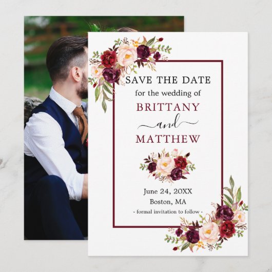 Save The Date Photo florale moderne Elégant Bourgogne (Devant / Derrière)