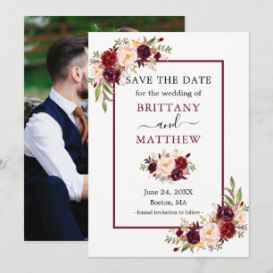 Save The Date Photo florale moderne Elégant Bourgogne