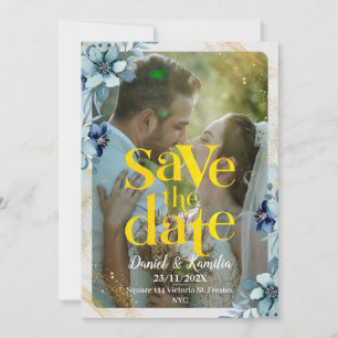 Save The Date Photo florale rustique bleu et blanc Enregistrer l